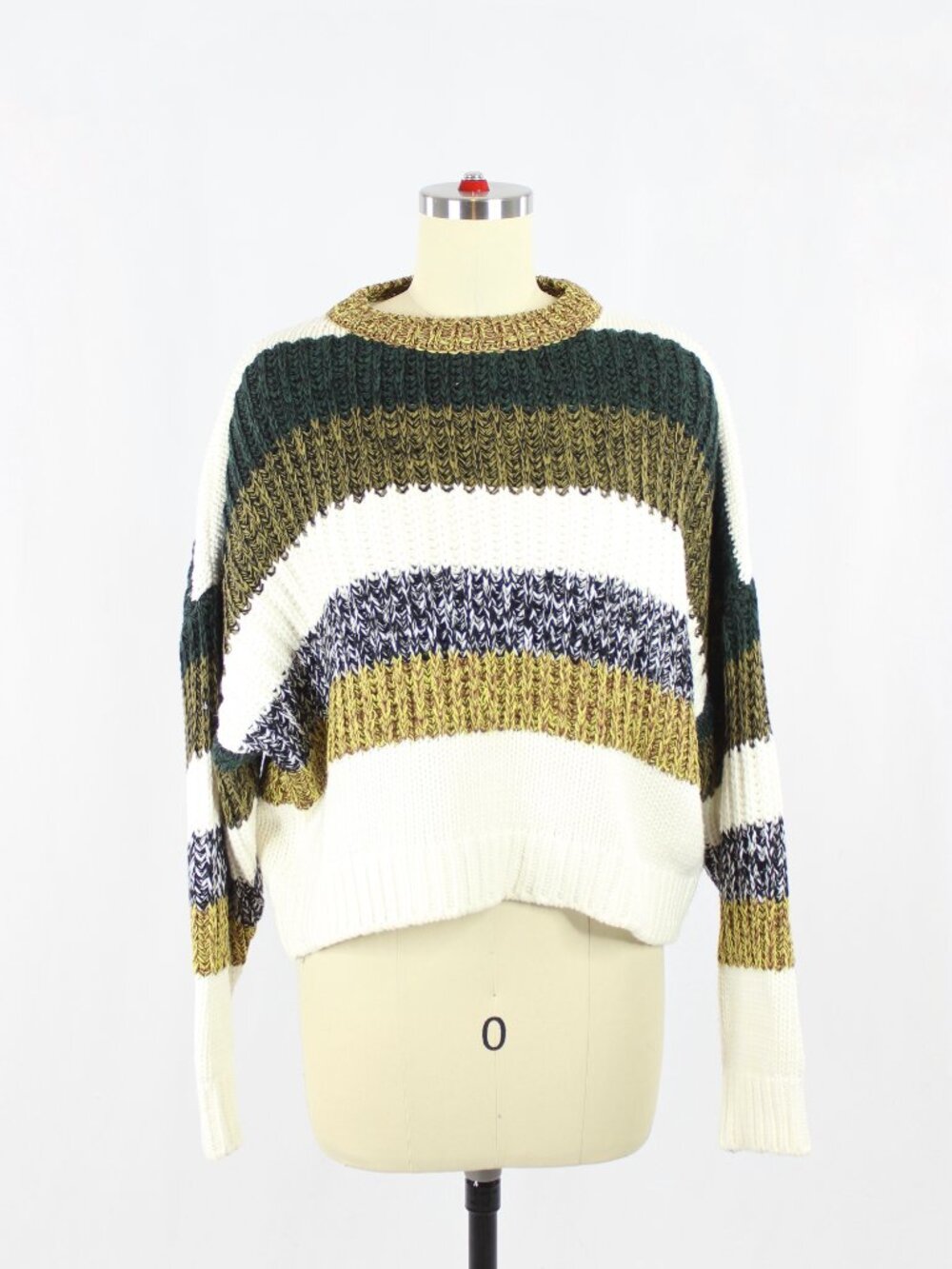 PINKO White Green Striped Cotton Acrylic Blend Knit Crew Neck Sweater, Size M